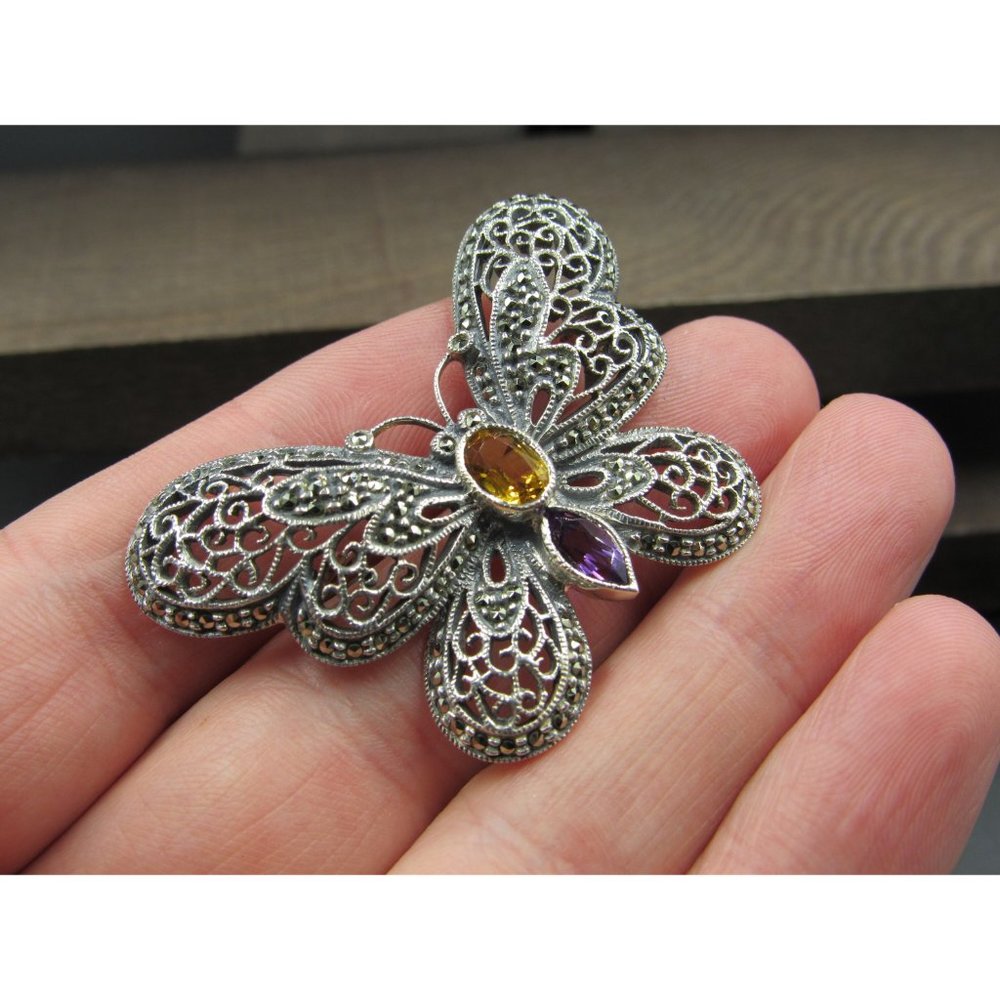 Sterling Silver Citrine Amethyst Marcasite Butterfly Pin Brooch - Picture 3 of 7